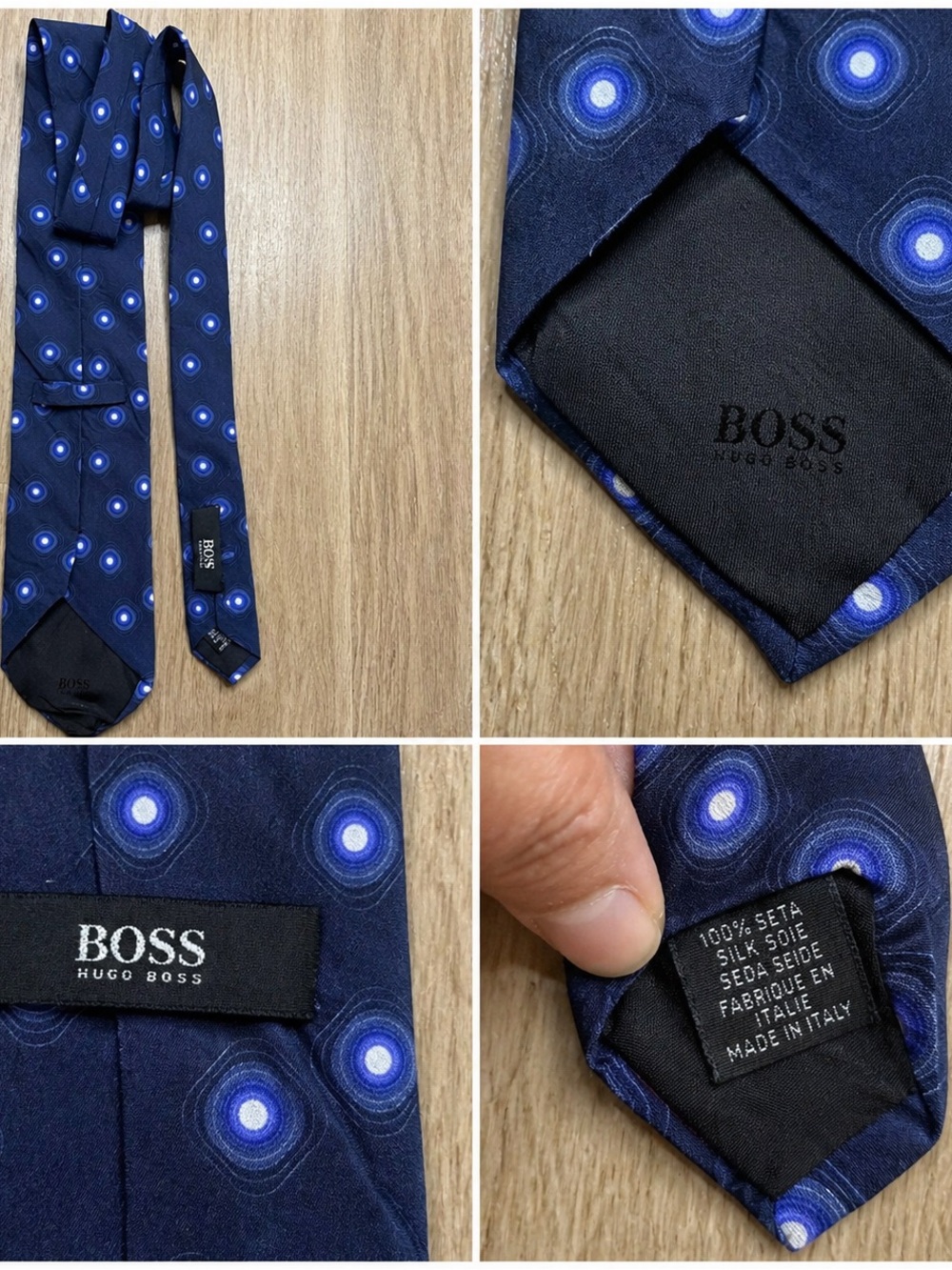 Hugo Boss 100% Silk Tie Navy Blue Geometric Pattern Made in Italy Designer